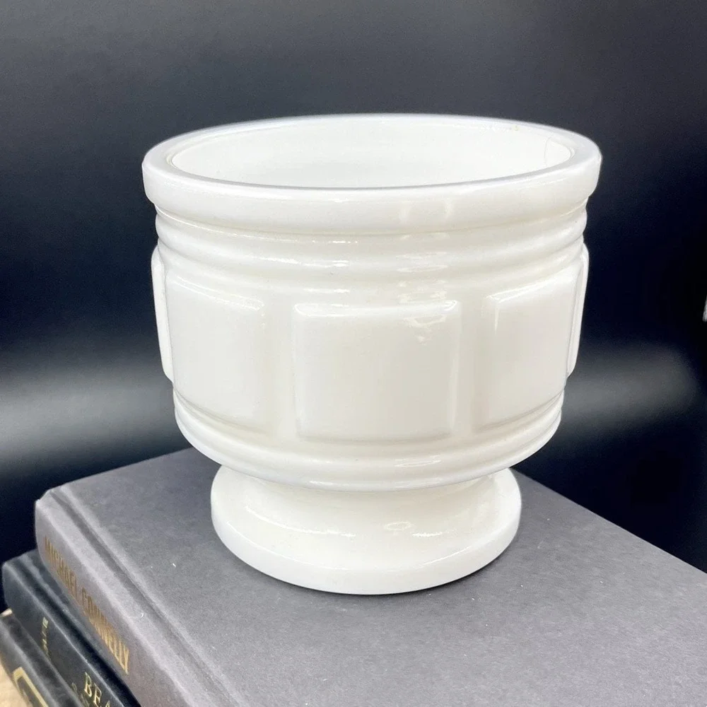Vintage Milk Glass Pedestal Planter - Geometric Vase